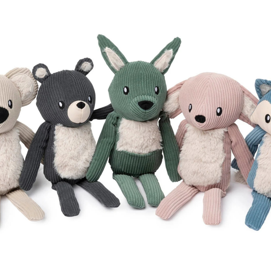 Five corduroy animal toys in different colors on a white background