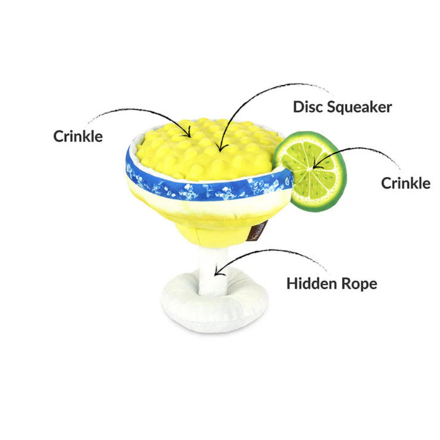 Dog toy shaped like a cocktail with crinkle, disc squeaker, and hidden rope features labelled on a white background