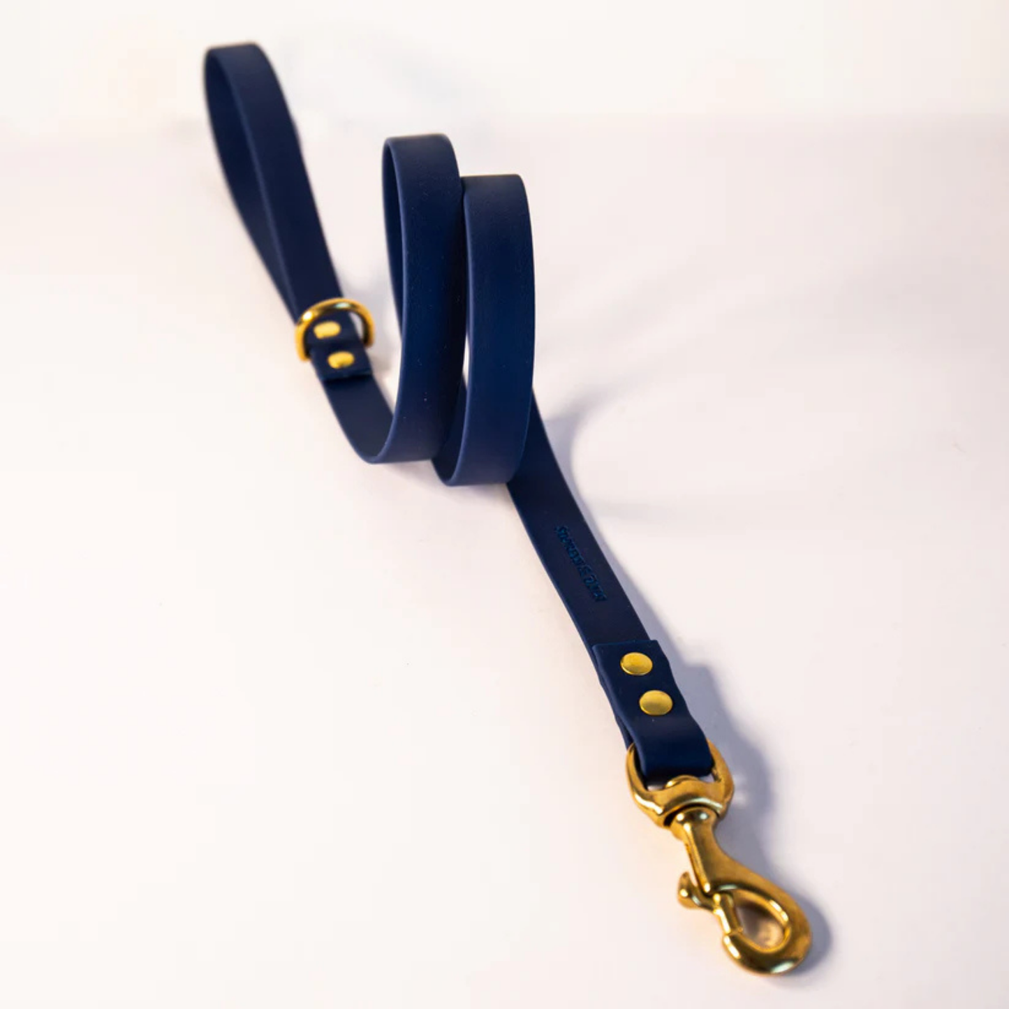 Navy dog lead with gold hardware on a white background