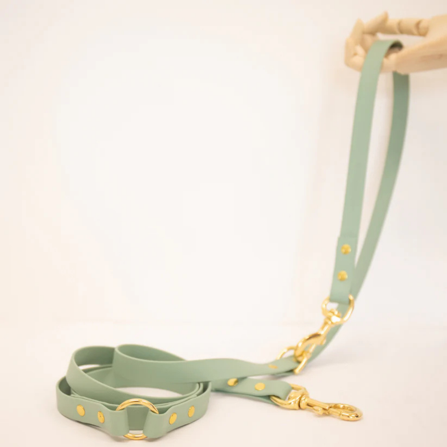 Sage green adjustable dog lead with gold hardware on a white background
