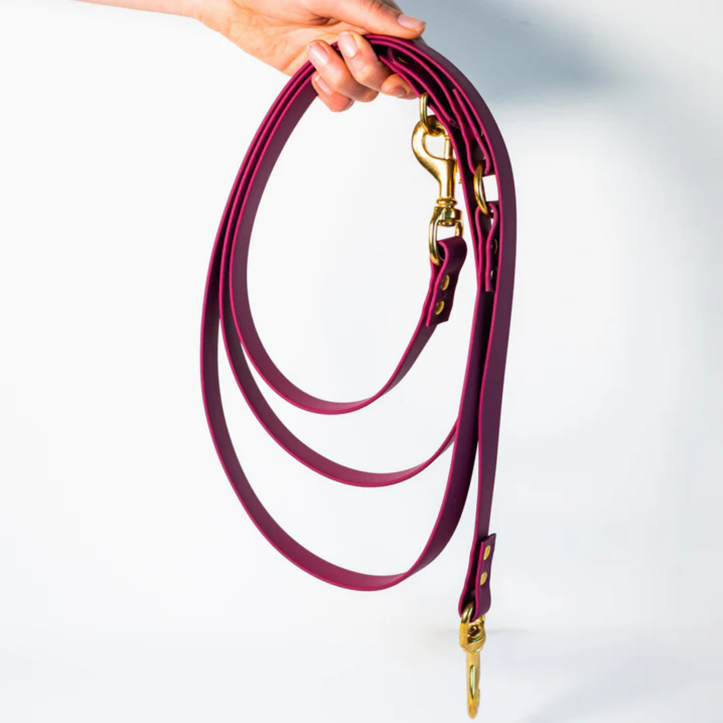 Wine colour adjustable dog lead with gold hardware on a white background