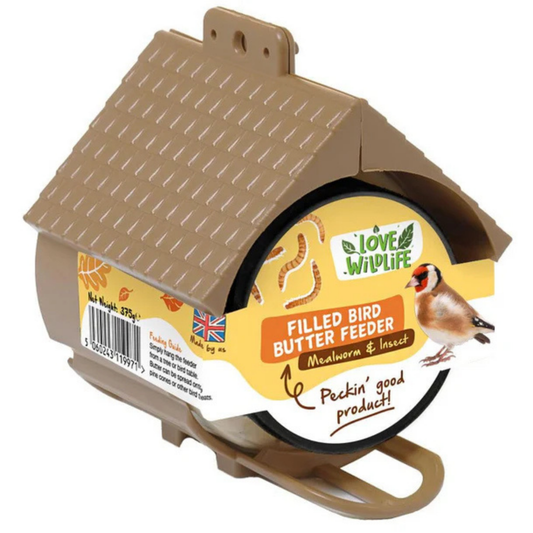 Natures Grub Bird feeder filled with Bird Butter (Mealworm and Insect) on a white background