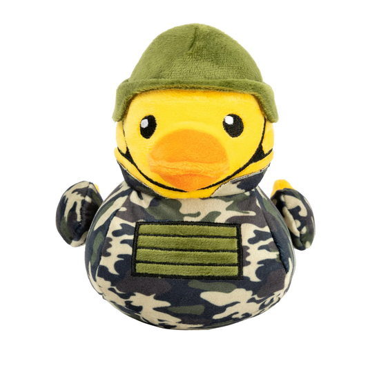Plush dog toy duck in military uniform with green hat on a white background