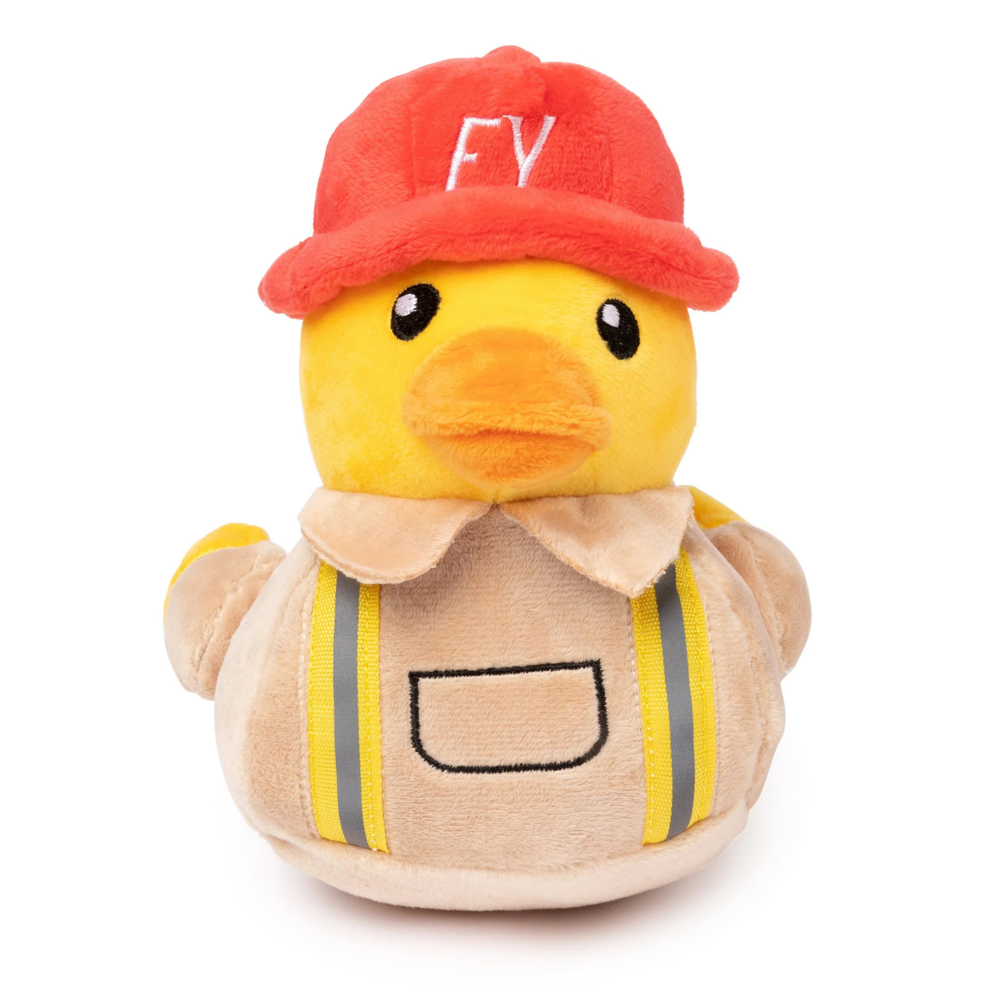 Plush dog toy duck wearing a firefighter outfit and hat on a white background
