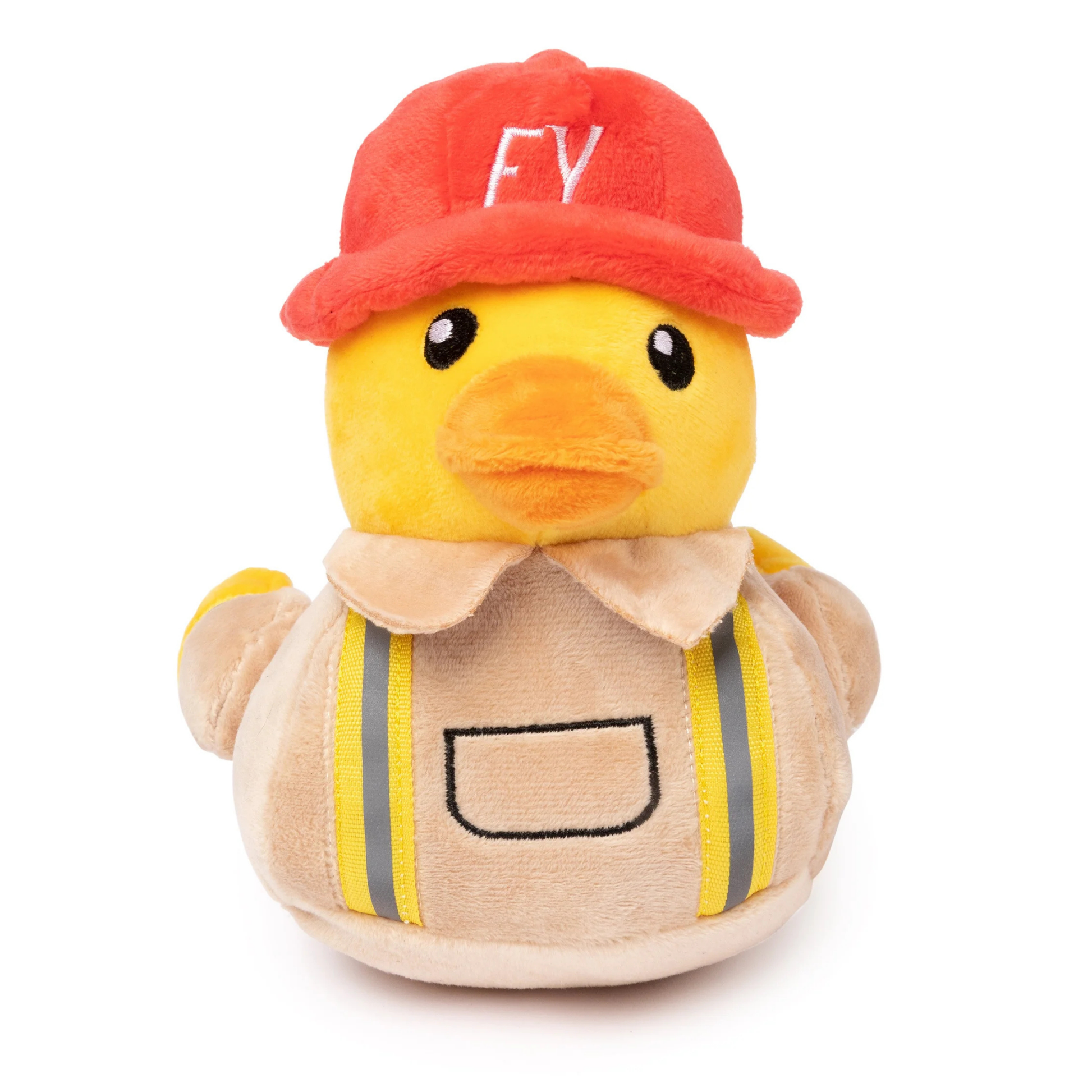 Plush dog toy duck wearing a firefighter outfit and hat on a white background