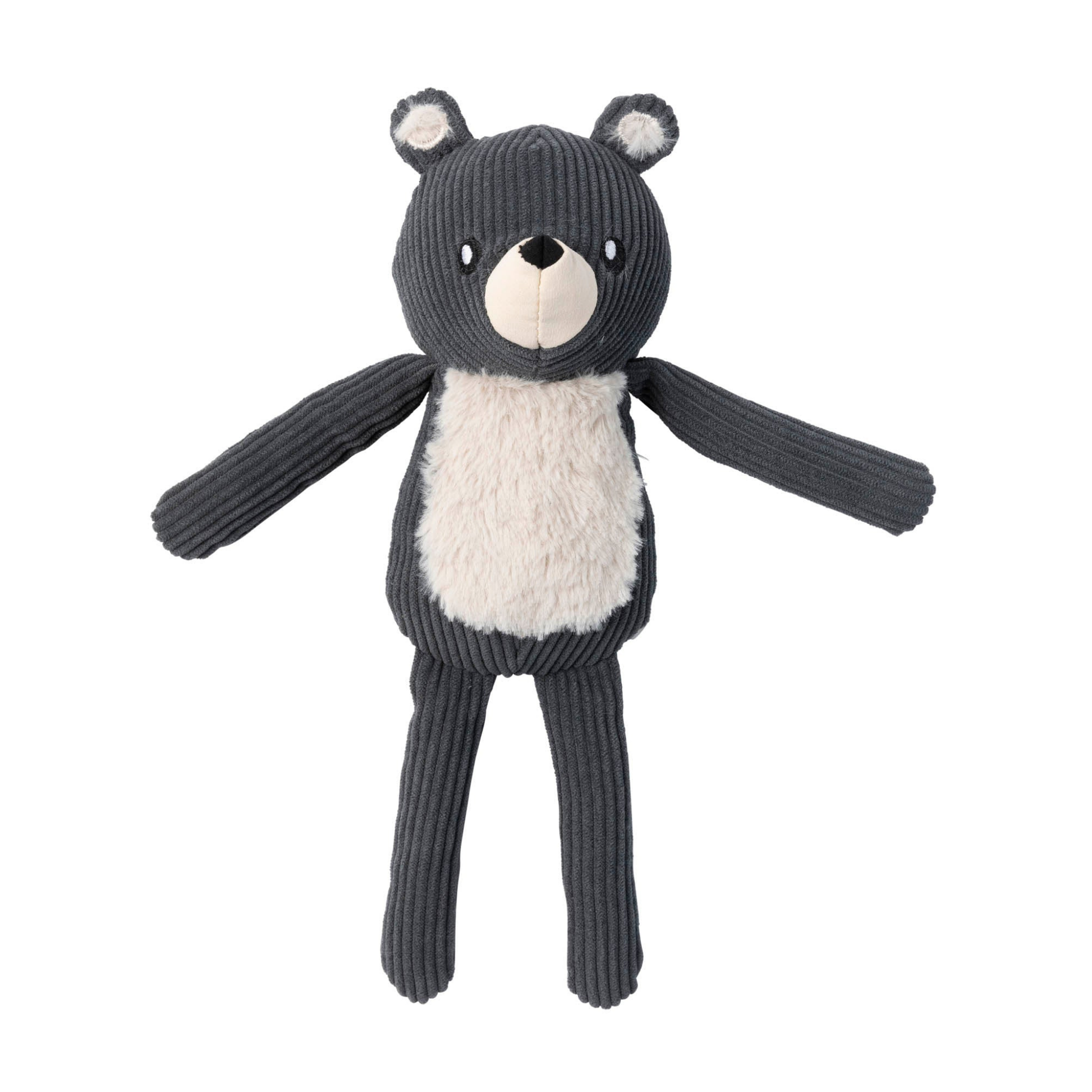 Slate grey corduroy plush dog toy resembling a bear on a white background