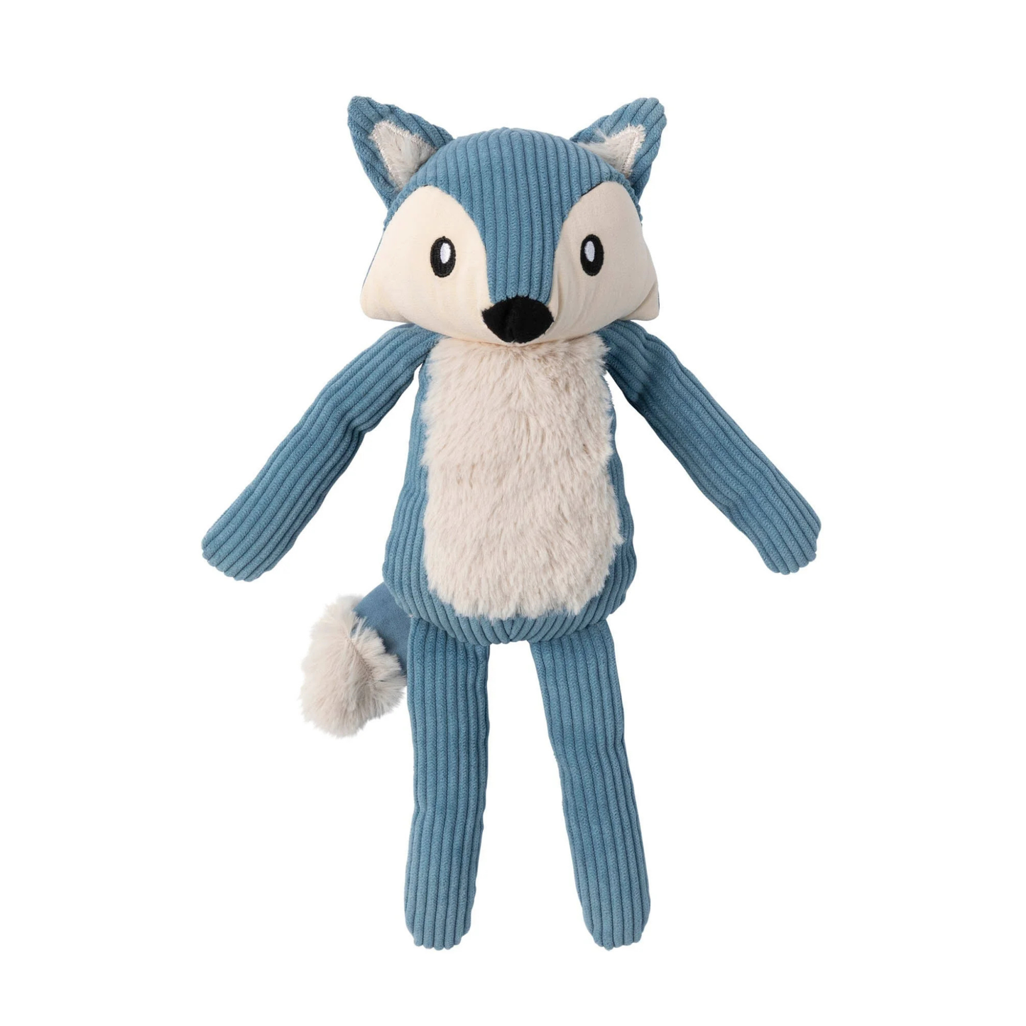 French blue corduroy plush dog toy resembling a fox on a white background