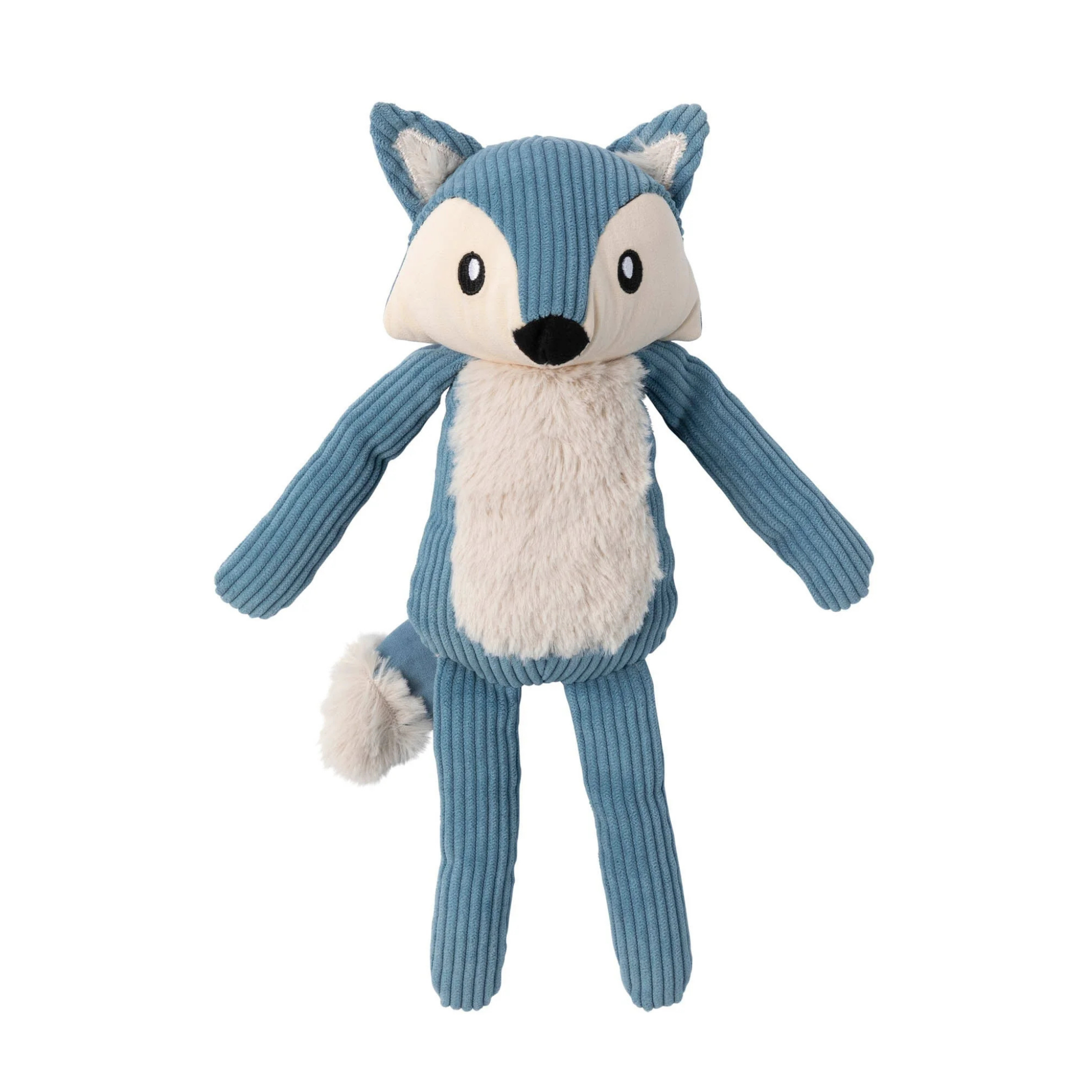 French blue corduroy plush dog toy resembling a fox on a white background