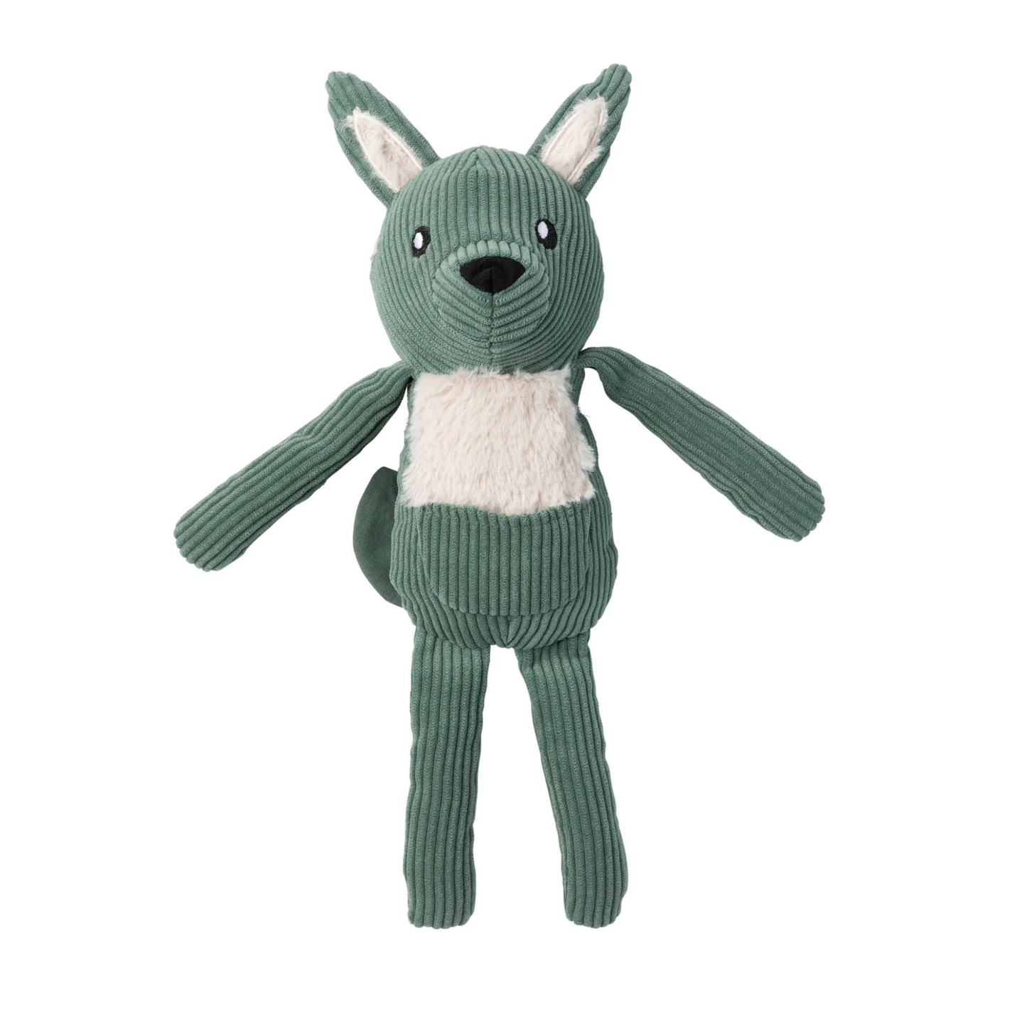 Myrtle green corduroy plush dog toy resembling a kangaroo on a white background