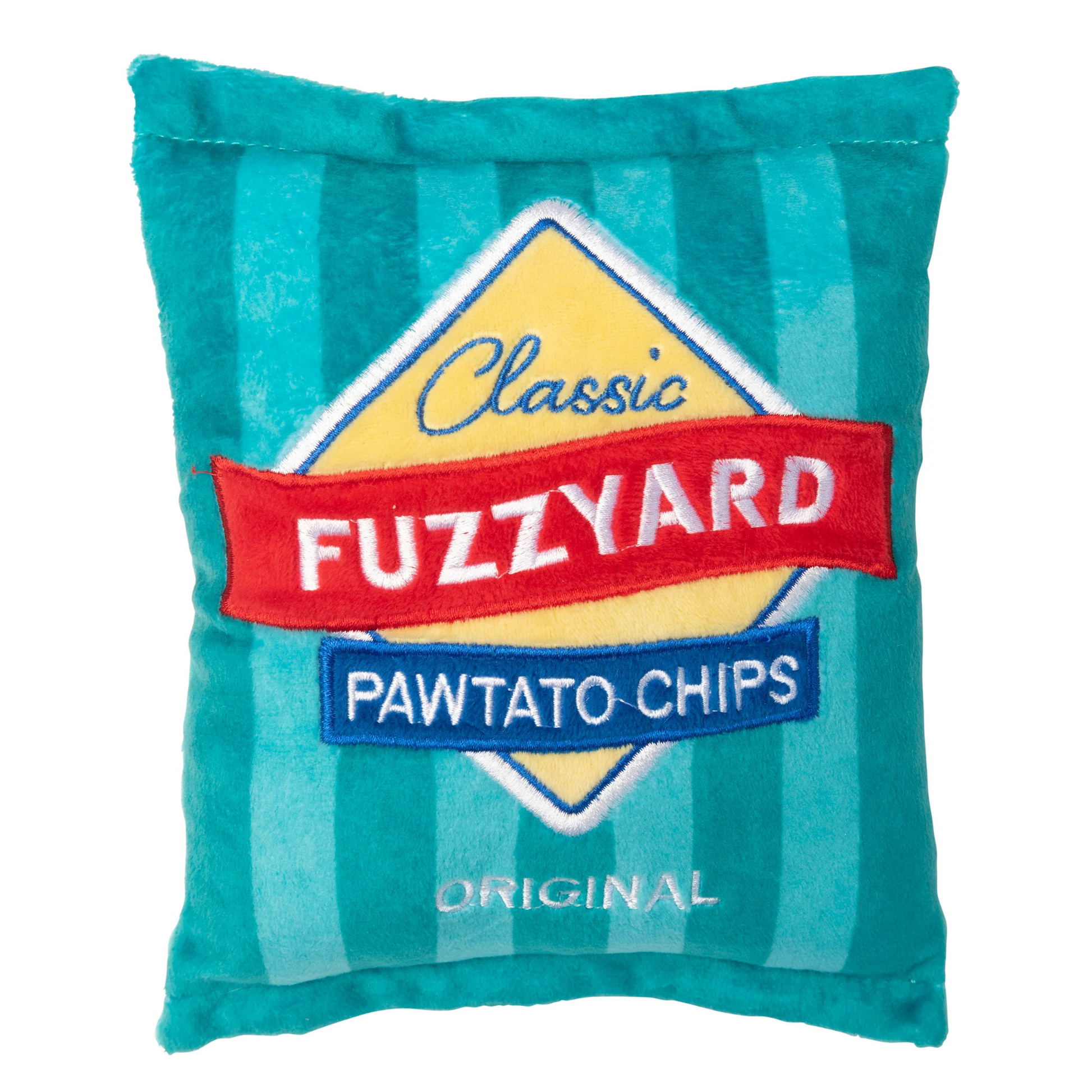 Fuzzyard pawtato chips packet shaped dog toy on a white background