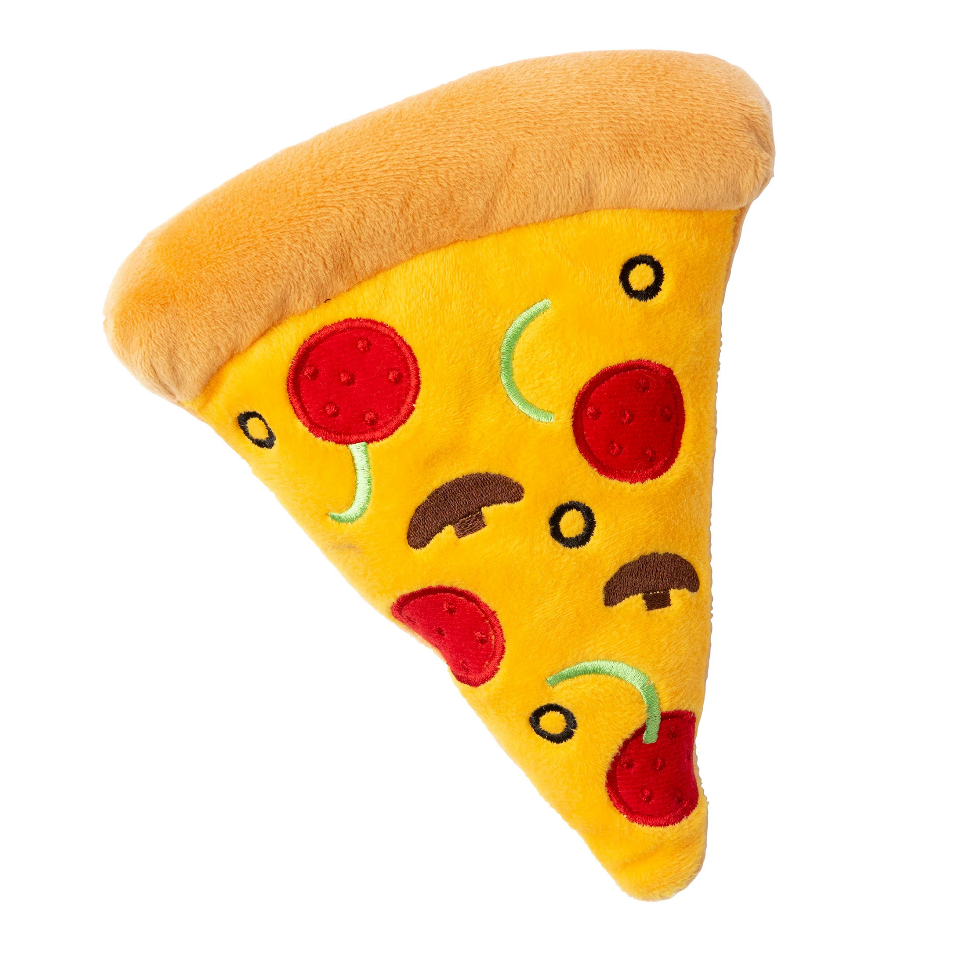 Plush dog toy shaped like a slice of pizza on a white background
