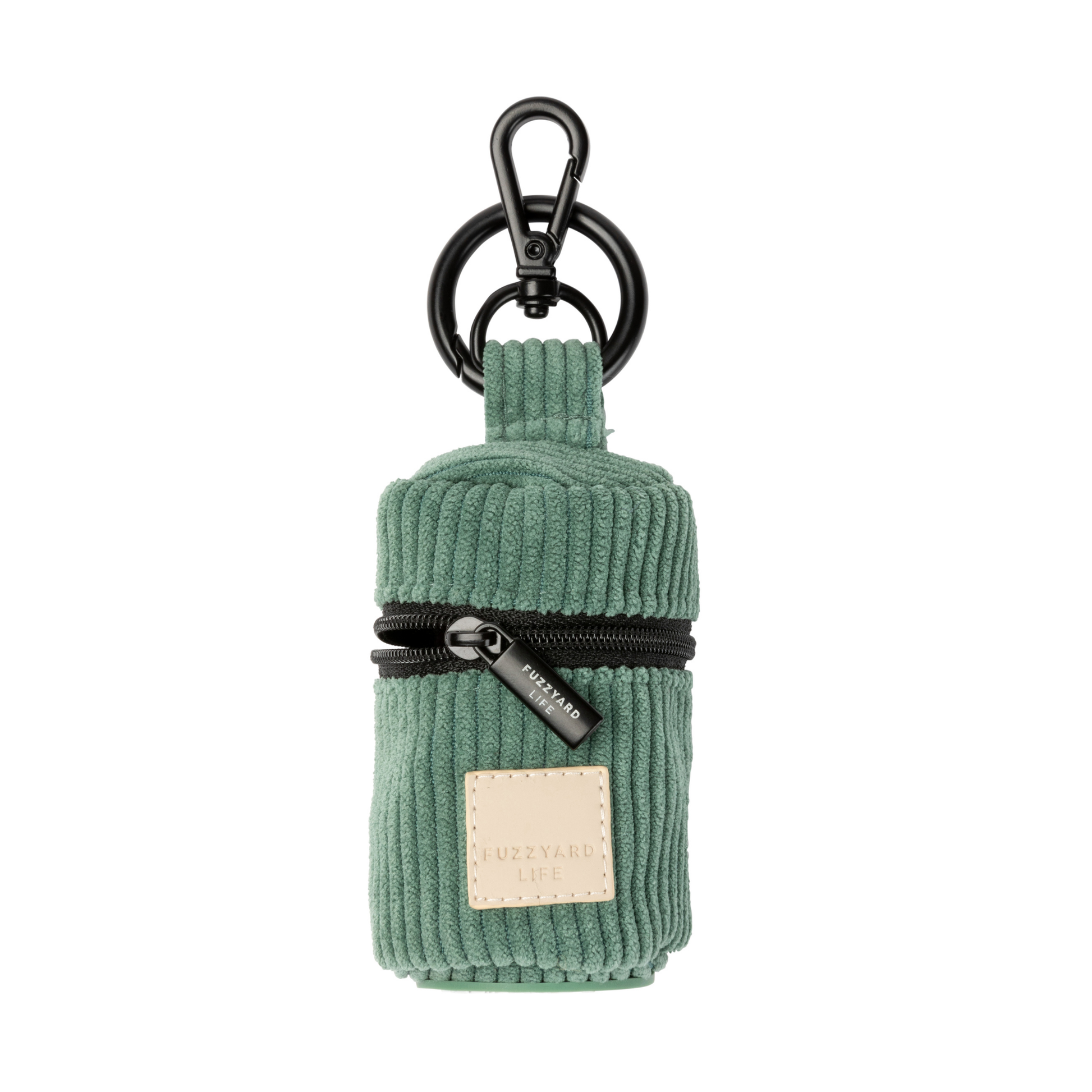 Myrtle green corduroy poop bag dispenser keychain pouch with a black zipper on a white background
