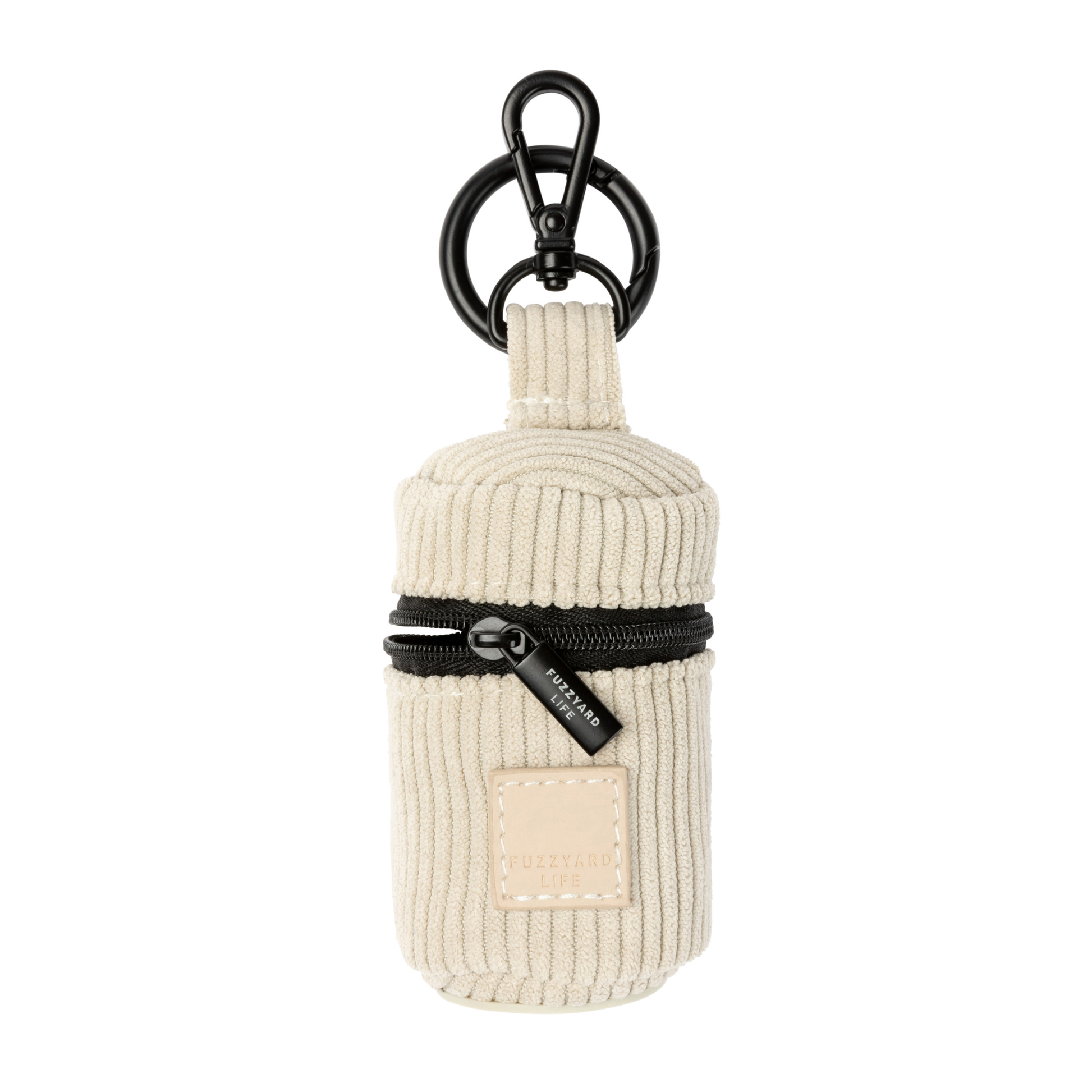 Sandstone corduroy poop bag dispenser keychain pouch with a black zipper on a white background