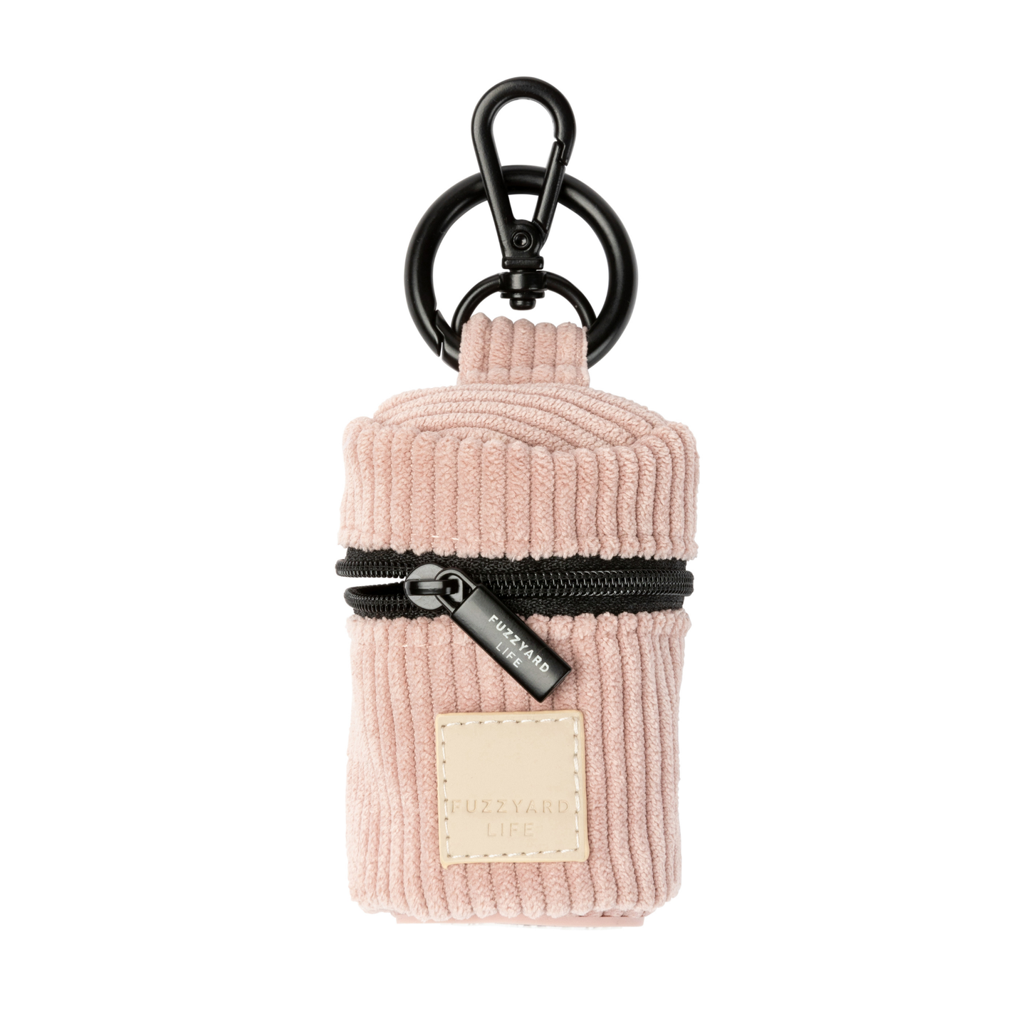 Soft blush corduroy poop bag dispenser keychain pouch with a black zipper on a white background