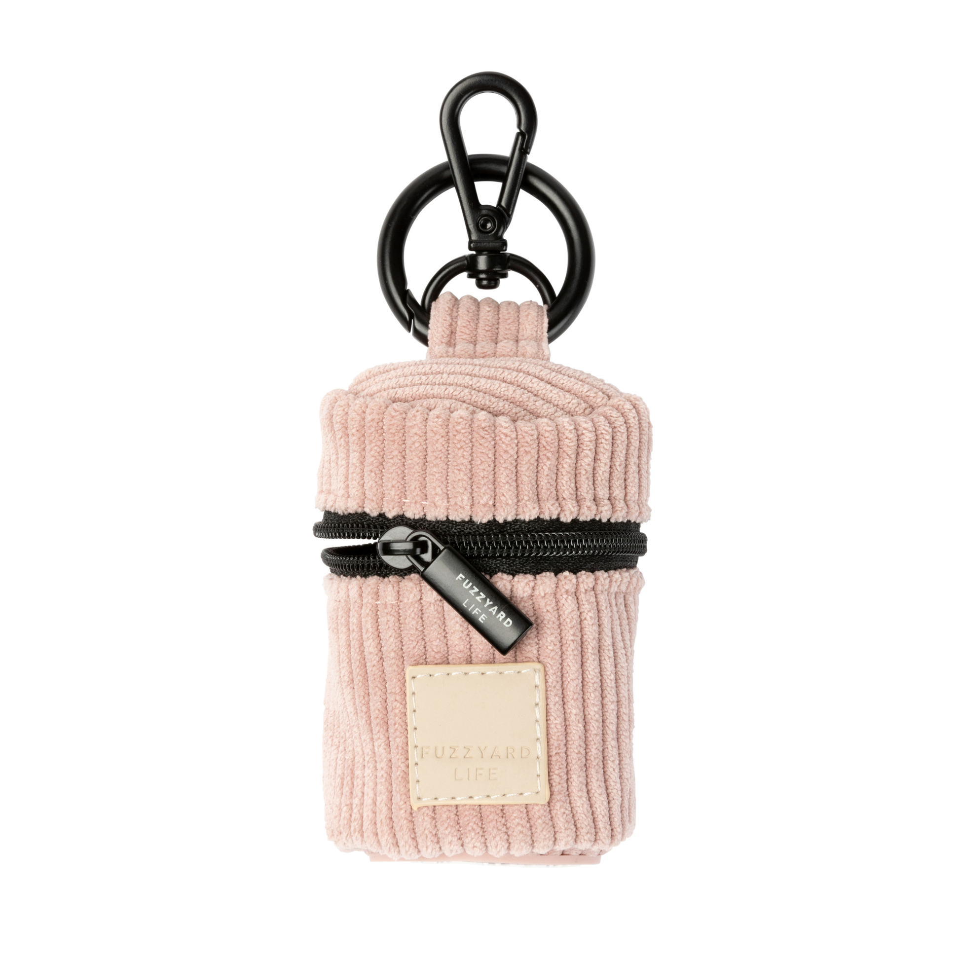 Soft blush corduroy poop bag dispenser keychain pouch with a black zipper on a white background