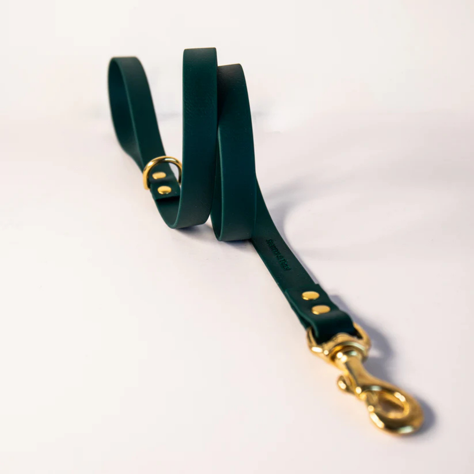 Forest green dog lead with gold hardware on a white background