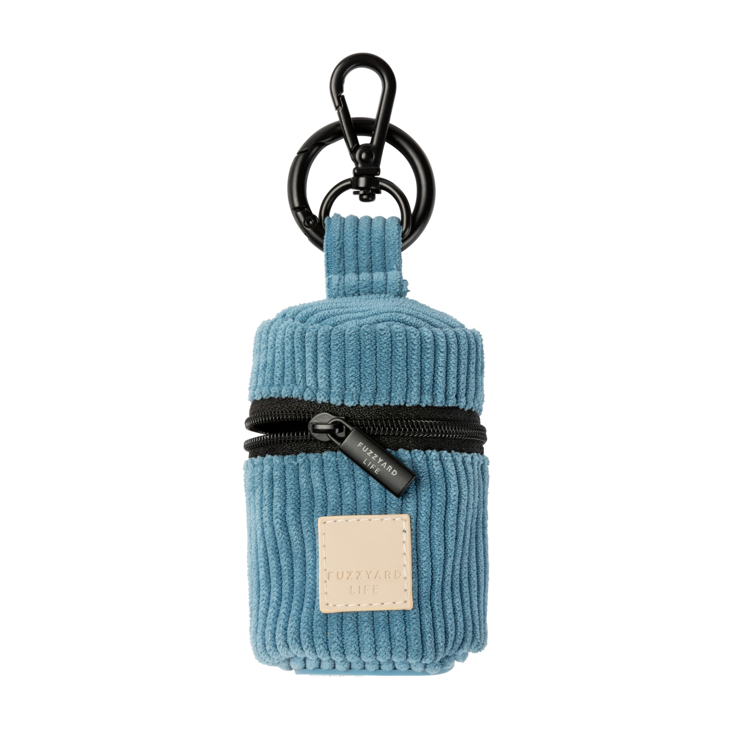 French blue corduroy poop bag dispenser keychain pouch with a black zipper on a white background