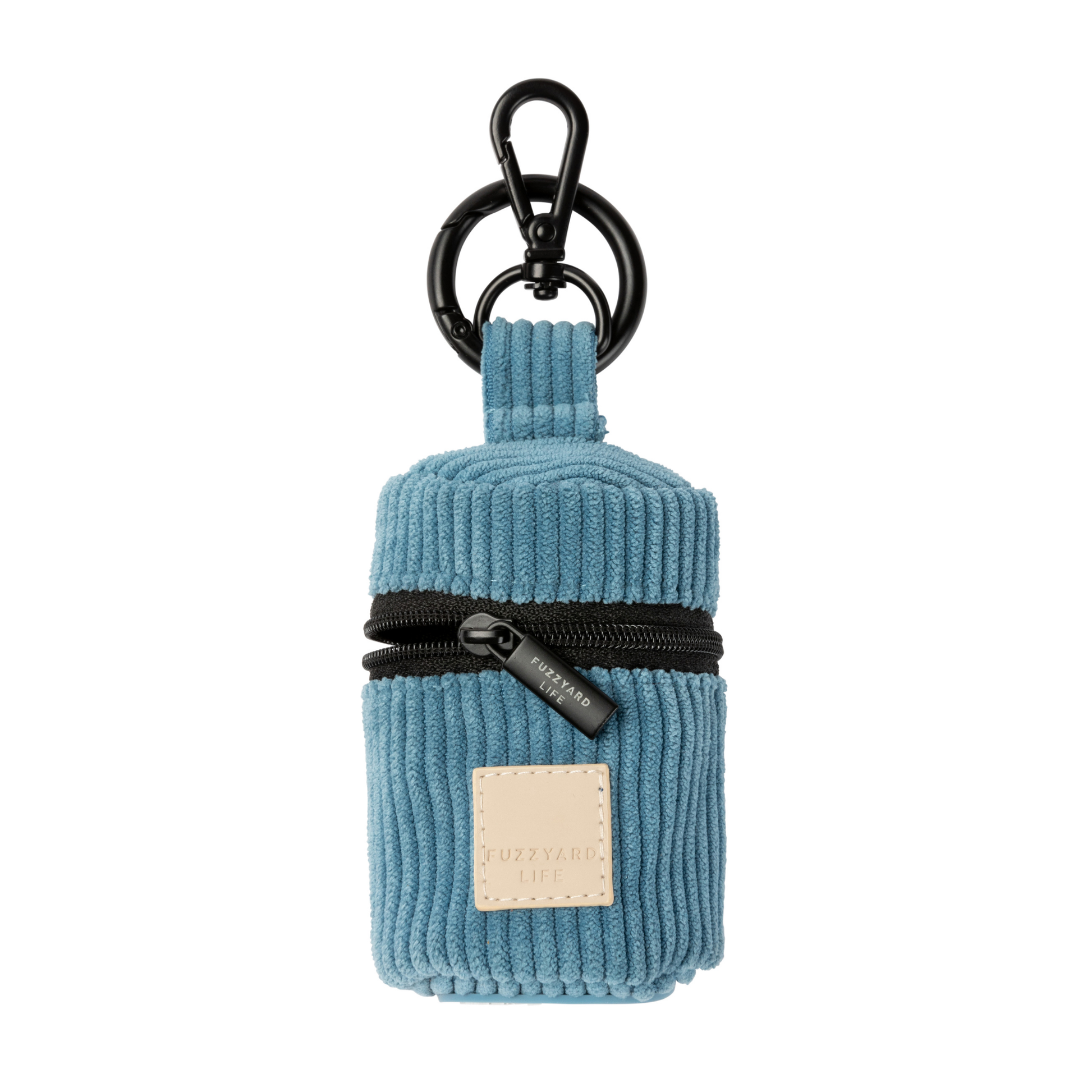 French blue corduroy poop bag dispenser keychain pouch with a black zipper on a white background