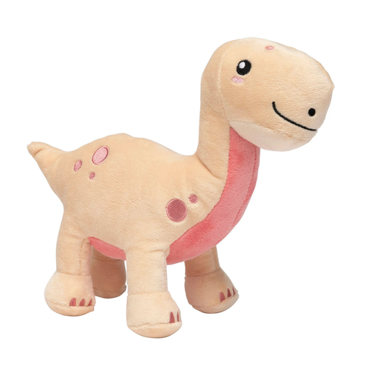 Plush pink brontosaurus dog toy on a white background