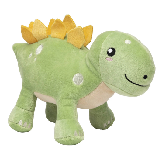 Green plush stegosaurus dog toy with yellow spikes on a white background