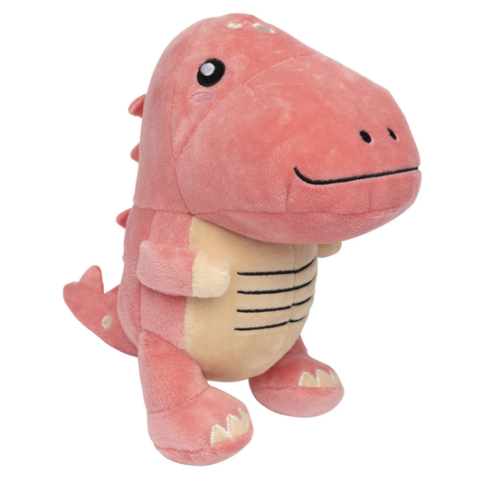 Pink plush tyrannosaurus dog toy on a white background