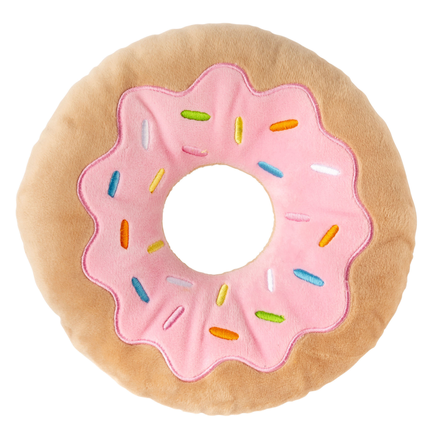 Donut-shaped dog toy with pink icing and colorful sprinkles on a white background