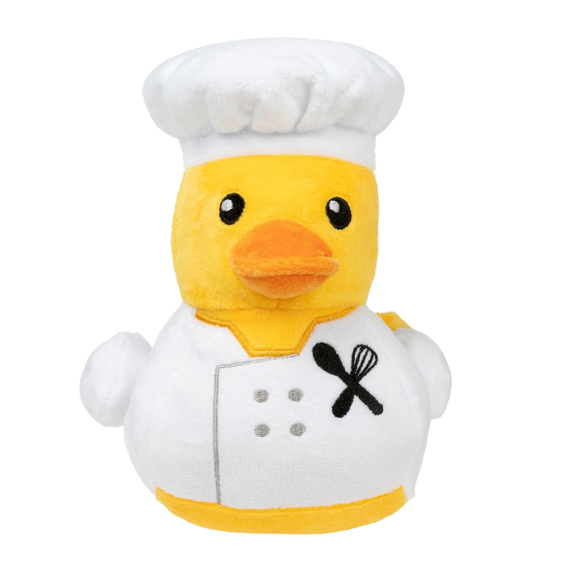 Plush duck dog toy dressed as a chef with a white hat and apron on a white background