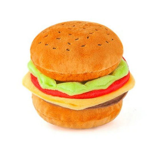 Plush dog toy shaped like a hamburger on a white background