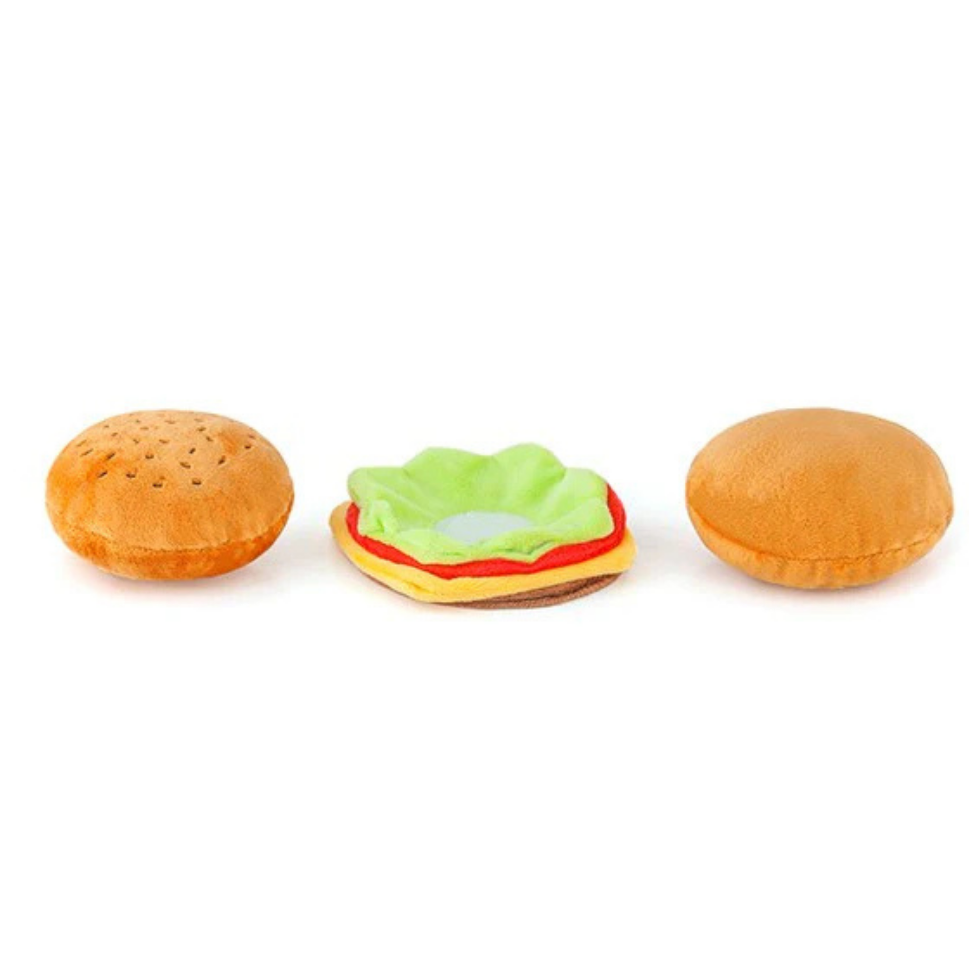 Dog toy hamburger set with buns and patty on a white background