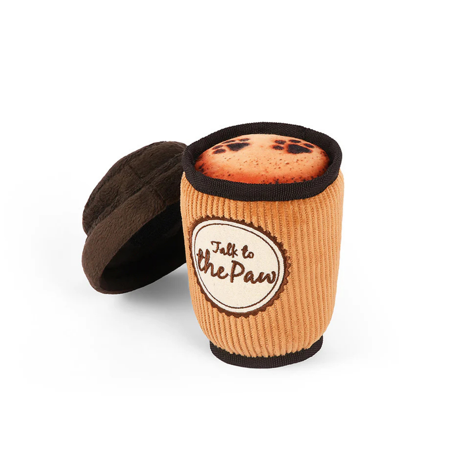 Dog toy resembling a coffee cup with 'Talk to the Paw' text on a white background
