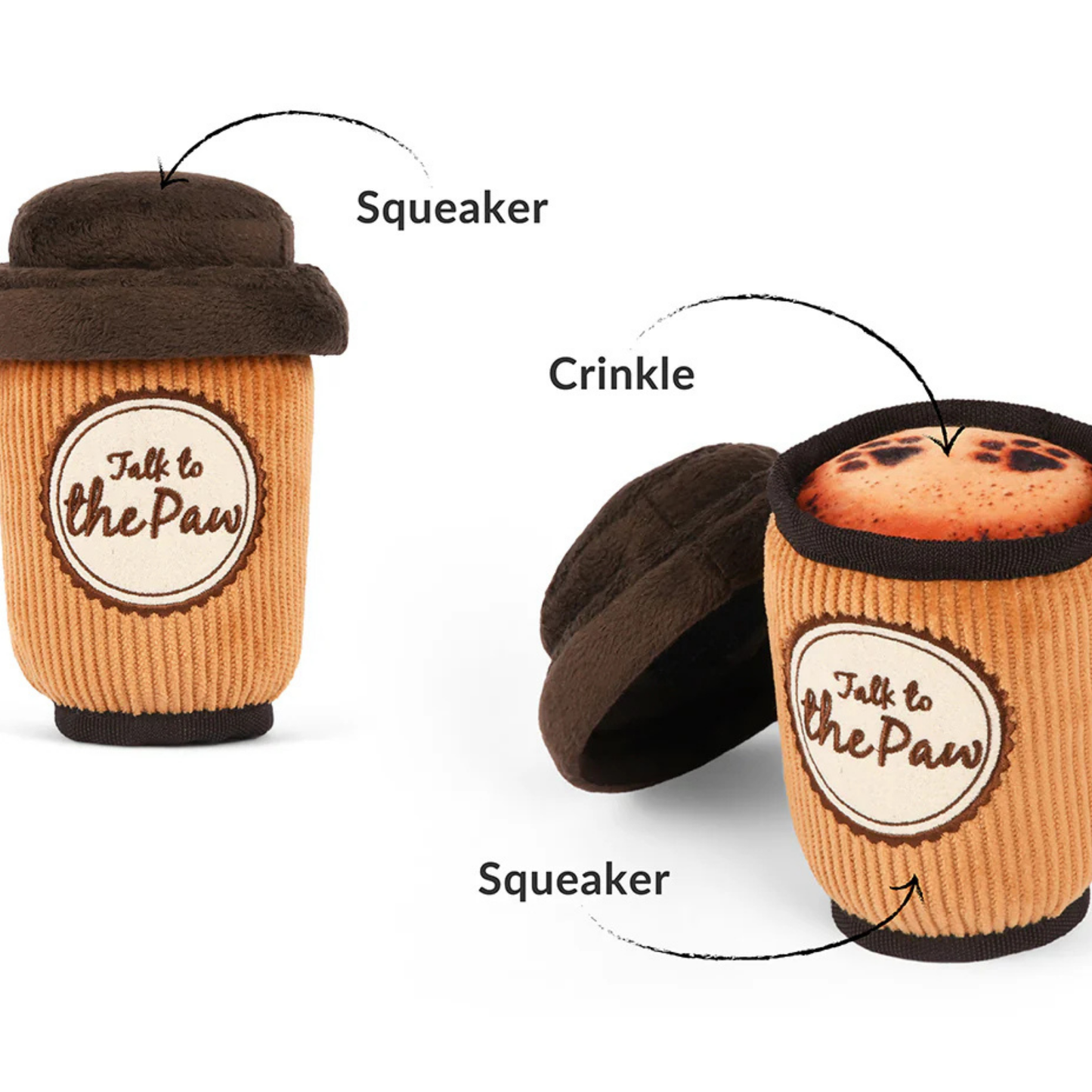 Dog toy resembling a coffee cup with labeled squeaker and crinkle features on a white background.