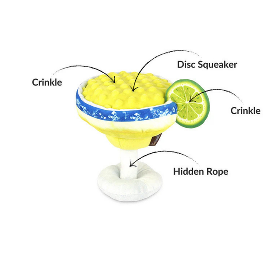 Dog toy shaped like a cocktail with crinkle, disc squeaker, and hidden rope features labelled on a white background