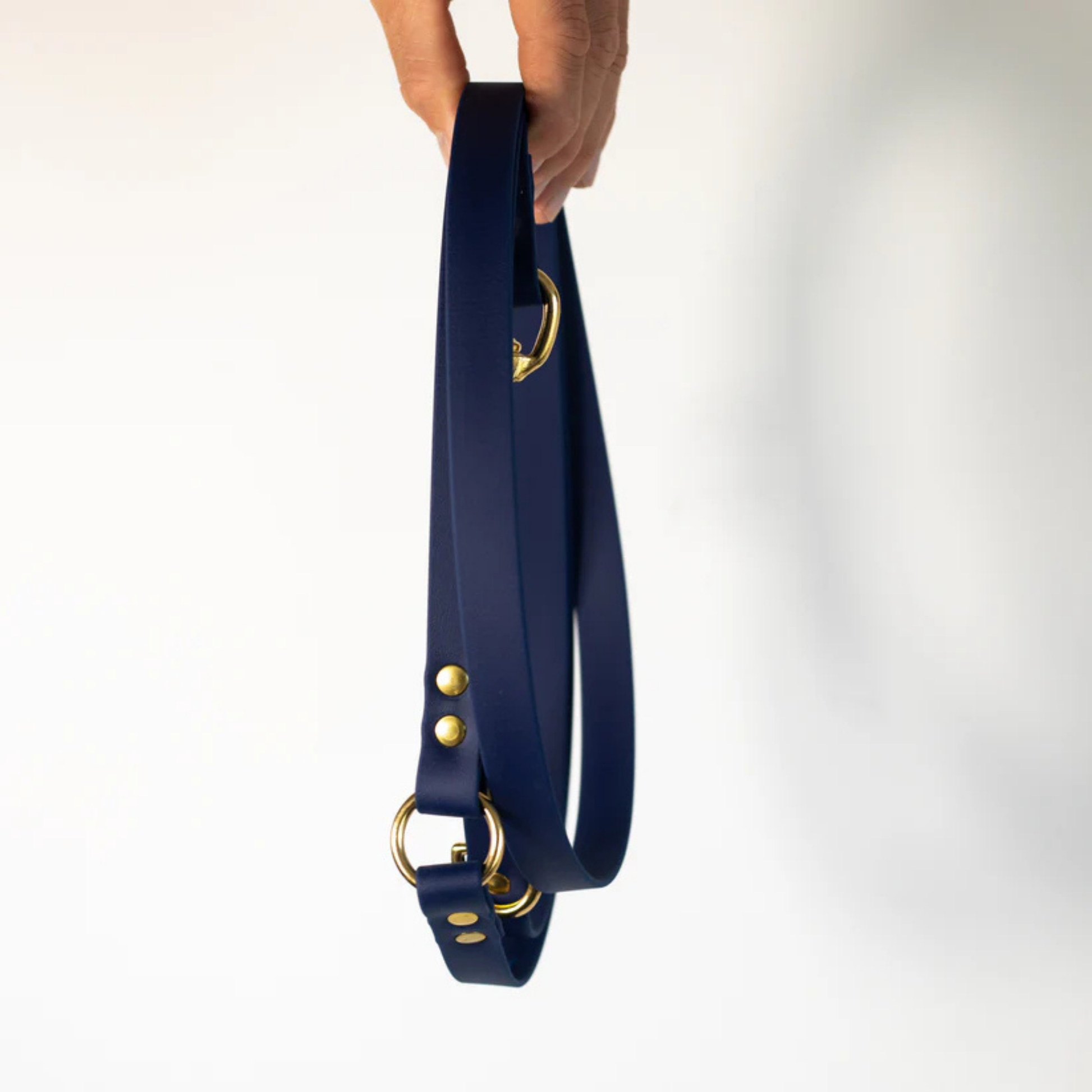 Navy adjustable dog lead with gold hardware held by a person on a white background