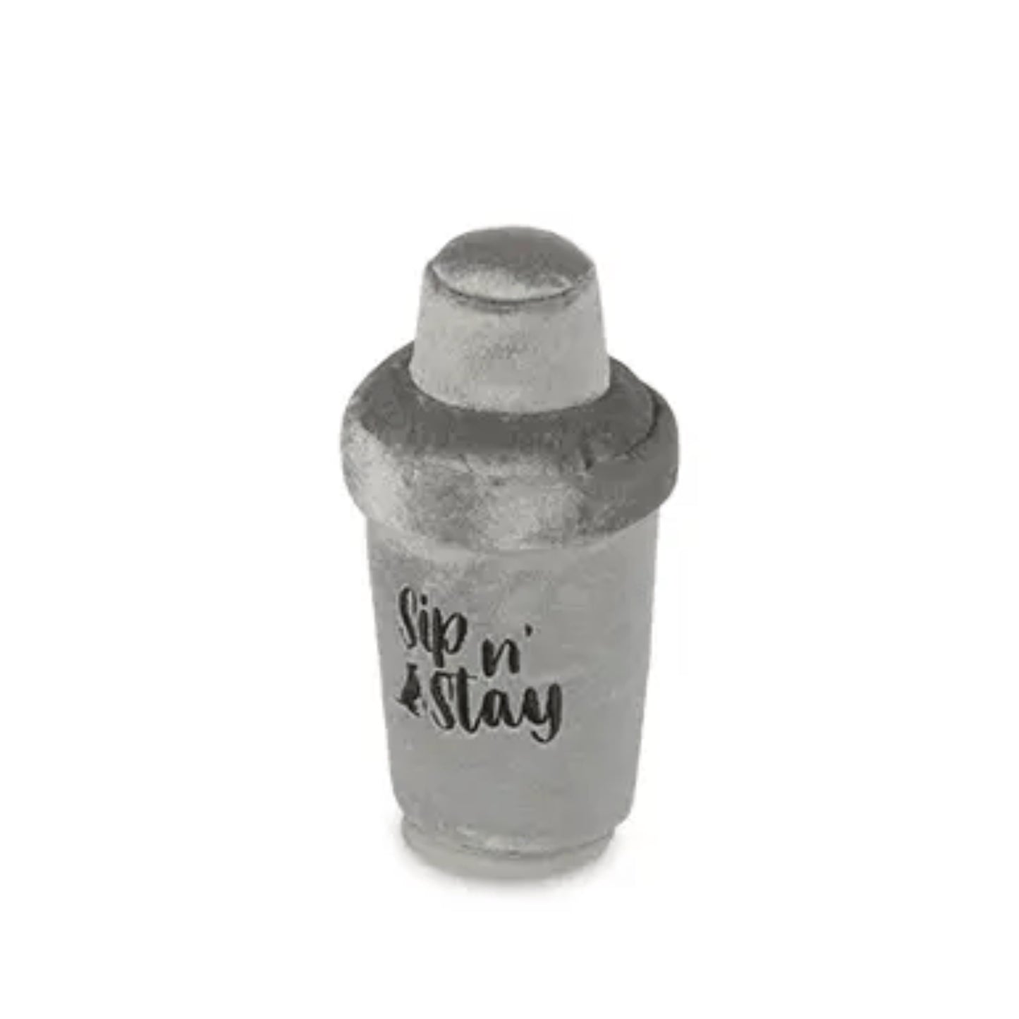 Cocktail shaker with 'Sip n Stay' text on a white background