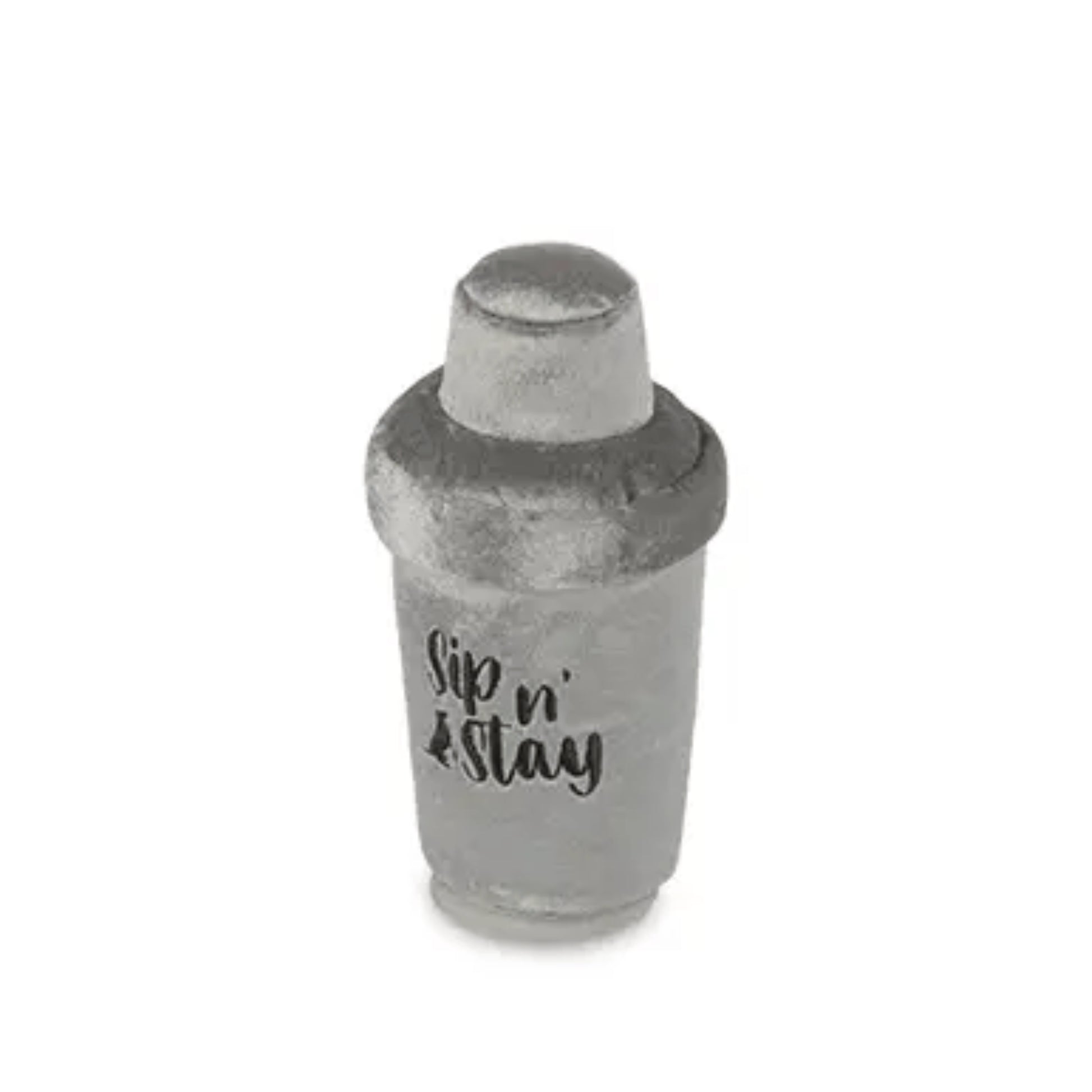 Cocktail shaker with 'Sip n Stay' text on a white background