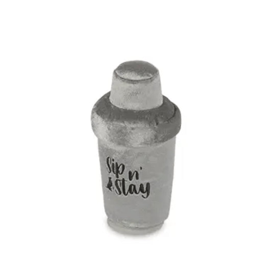 Cocktail shaker with 'Sip n Stay' text on a white background